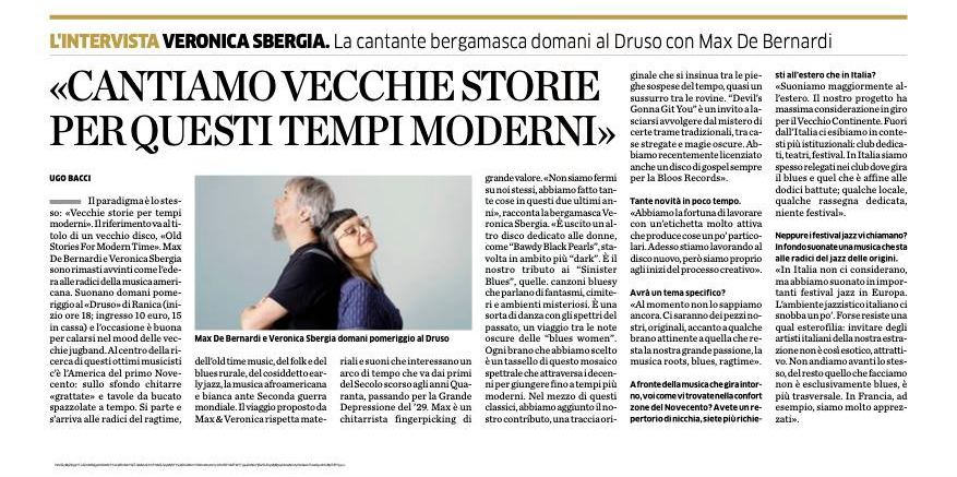 Max & Veronica in L’Eco di Bergamo: “We Sing Old Stories for These Modern Times”